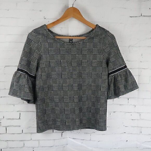 LORD & TAYLOR DESIGN LAB BLACK & WHITE ROUND NECK TULIP SLEEVE CROPPED TOP - Picture 1 of 10